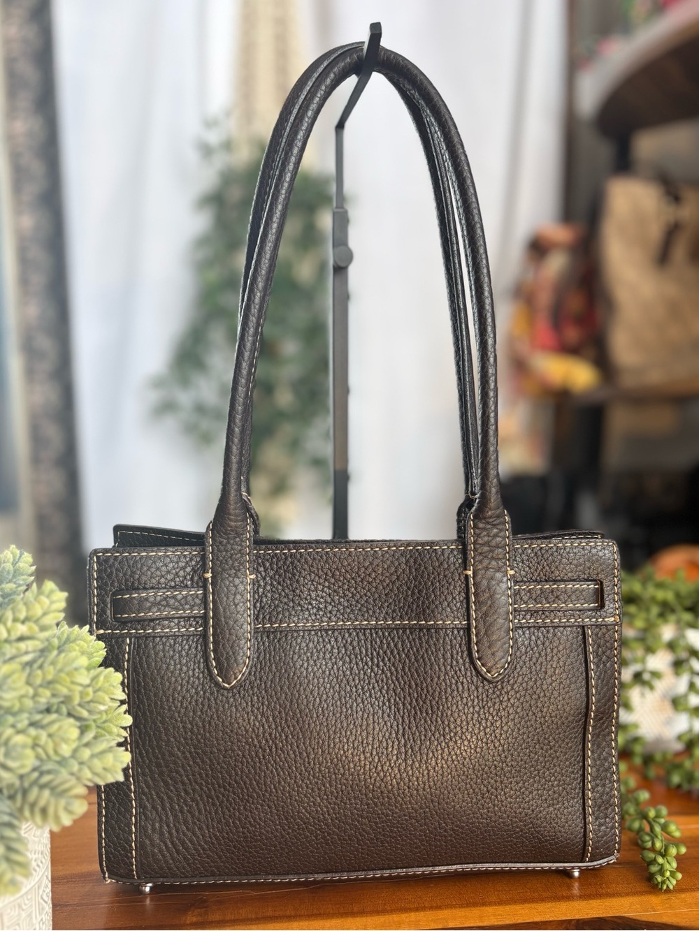 Dooney Pebble Grain Tassel Drawstring Shoulder Bag Mini Tote Plumes Lining - Picture 2 of 11